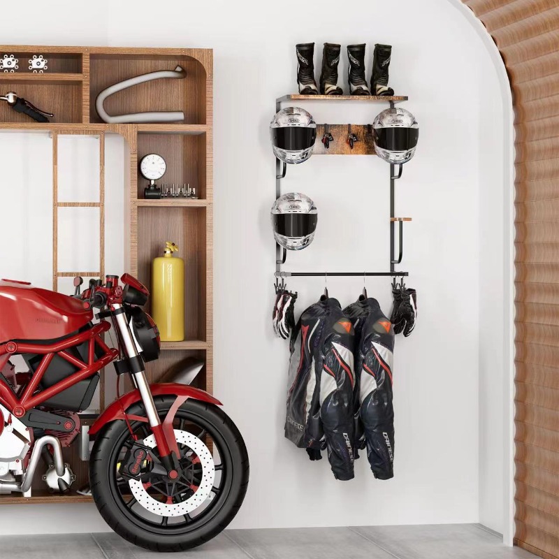 Motorcycle Gear Display Rack - حامل خشبي للخوذة يثبت على الحائط،