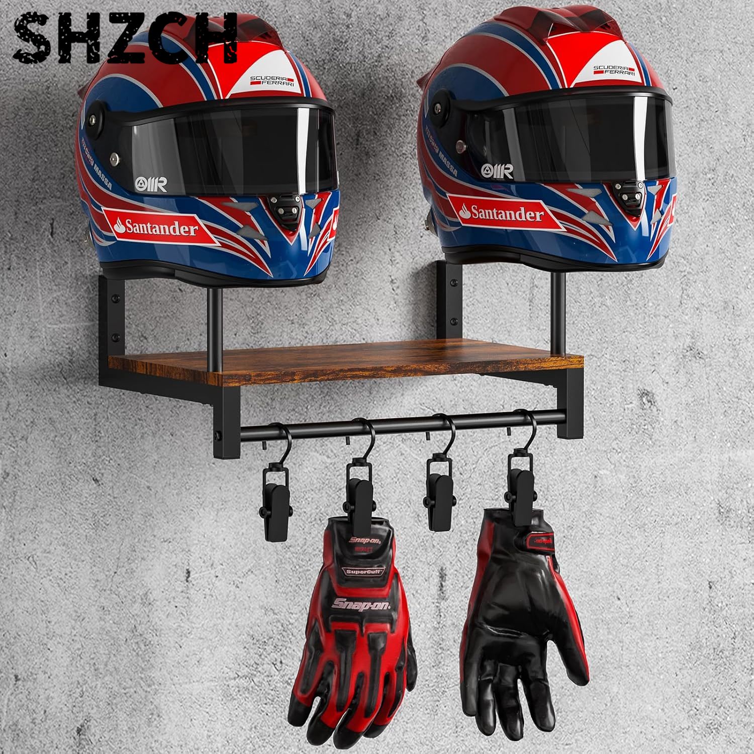 Motorcycle Gear Display Rack - حامل خشبي مزدوج لخوذة الدراجات النارية،