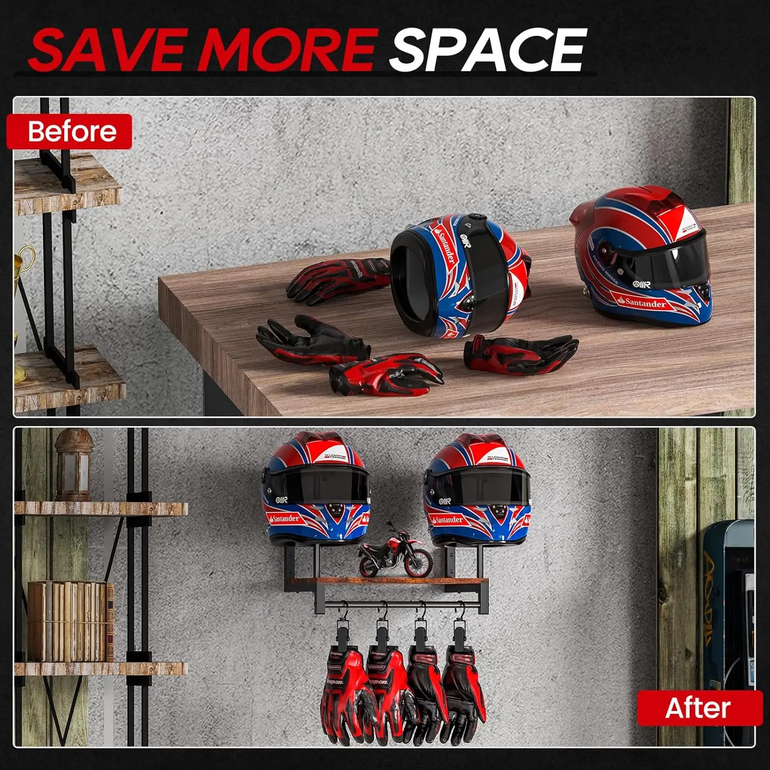 حامل خشبي مزدوج لخوذة الدراجات - مراجعة Motorcycle Gear Display Rack وسعره
